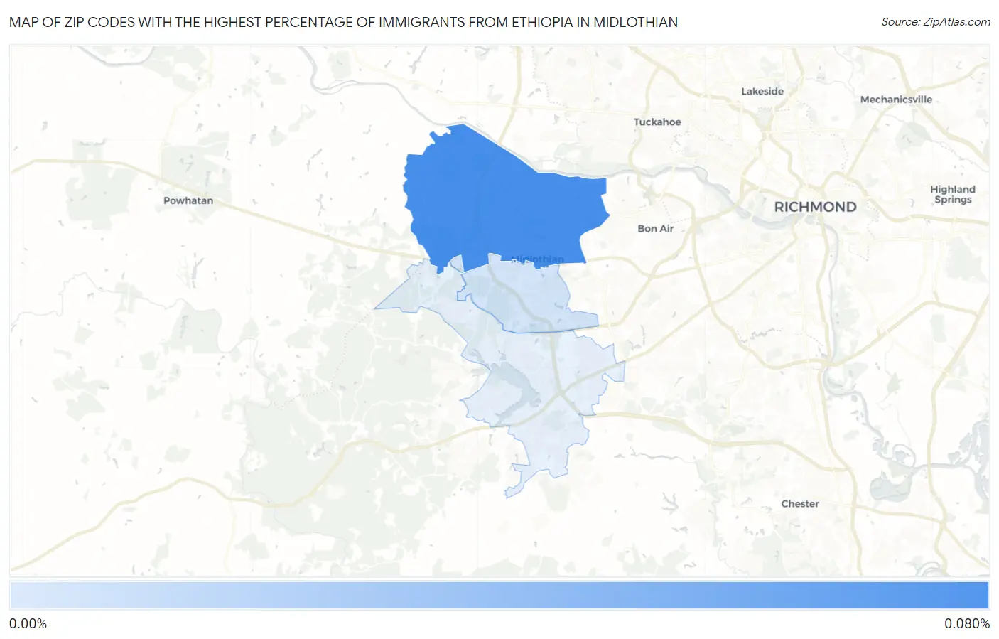 Zip Codes with the Highest Percentage of Immigrants from Ethiopia in Midlothian Map