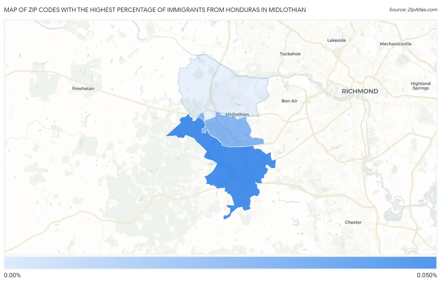 Zip Codes with the Highest Percentage of Immigrants from Honduras in Midlothian Map