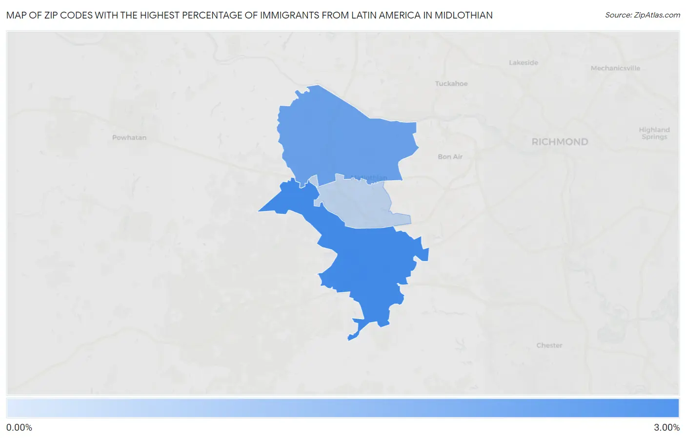 Zip Codes with the Highest Percentage of Immigrants from Latin America in Midlothian Map