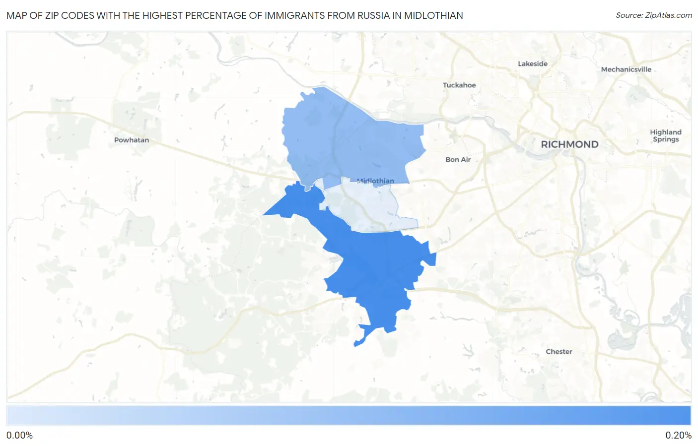 Zip Codes with the Highest Percentage of Immigrants from Russia in Midlothian Map