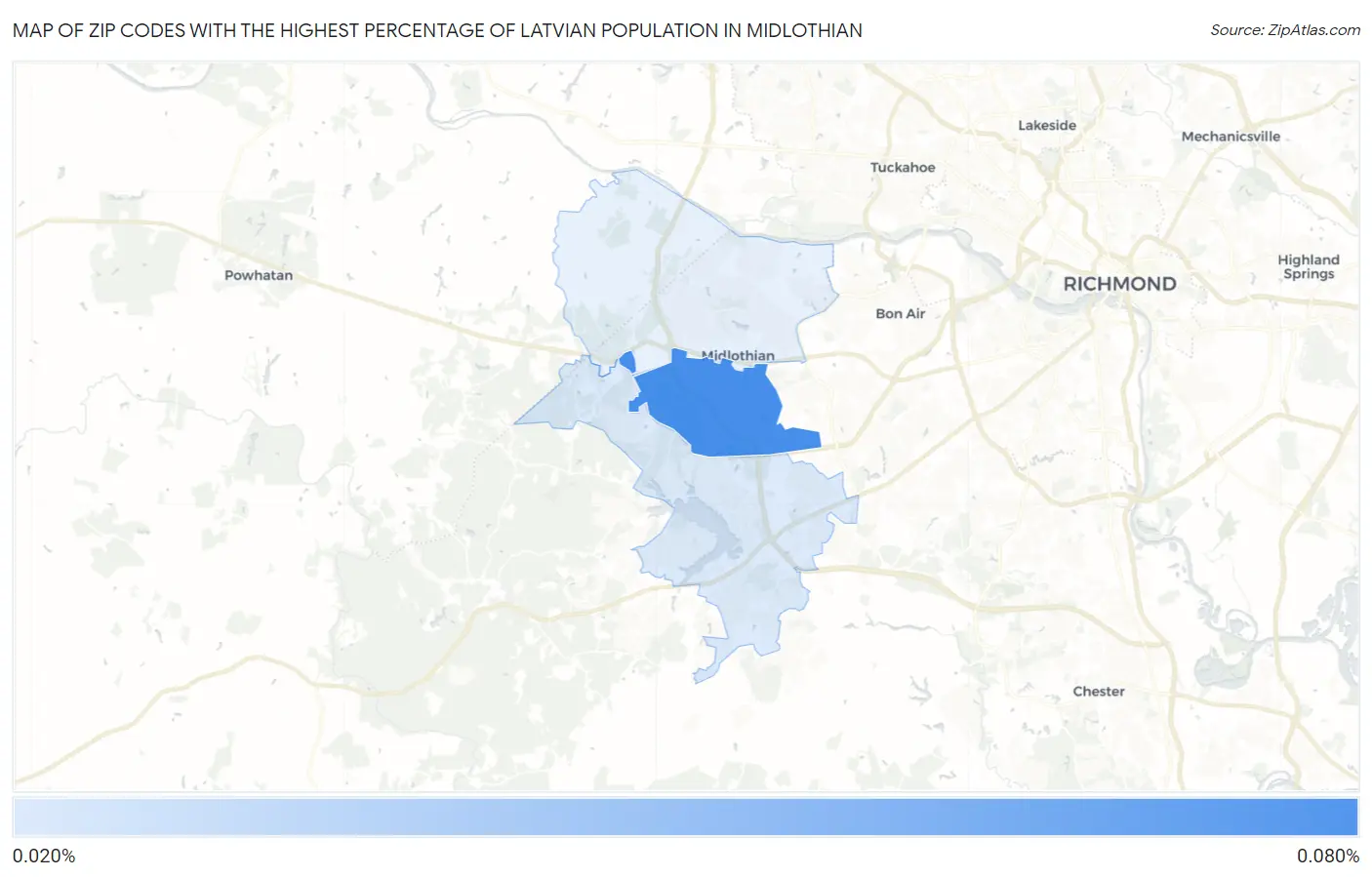 Zip Codes with the Highest Percentage of Latvian Population in Midlothian Map