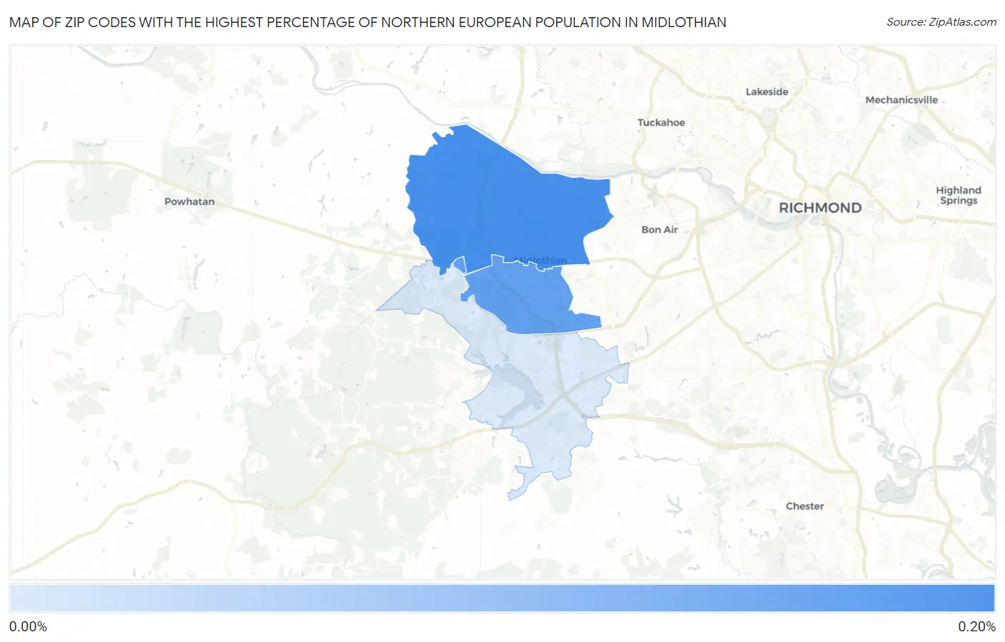 Zip Codes with the Highest Percentage of Northern European Population in Midlothian Map