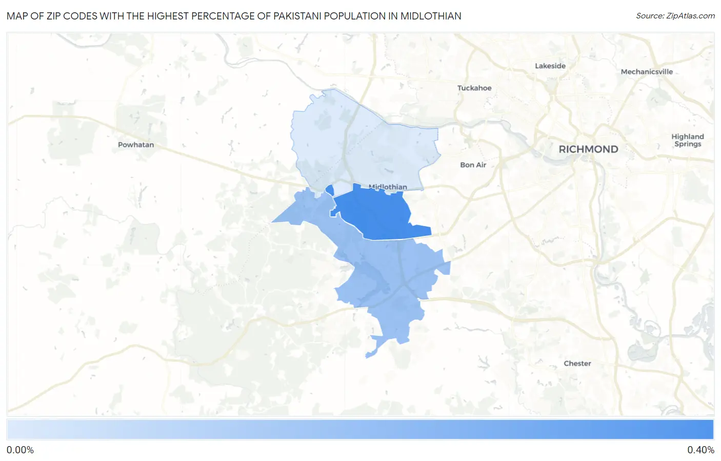 Zip Codes with the Highest Percentage of Pakistani Population in Midlothian Map