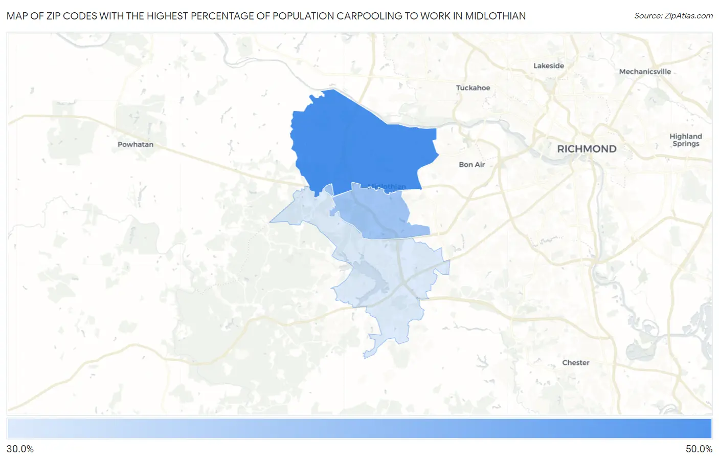 Zip Codes with the Highest Percentage of Population Carpooling to Work in Midlothian Map