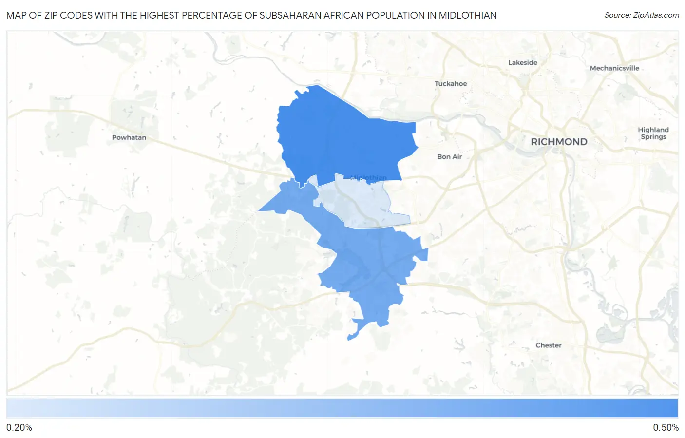 Zip Codes with the Highest Percentage of Subsaharan African Population in Midlothian Map
