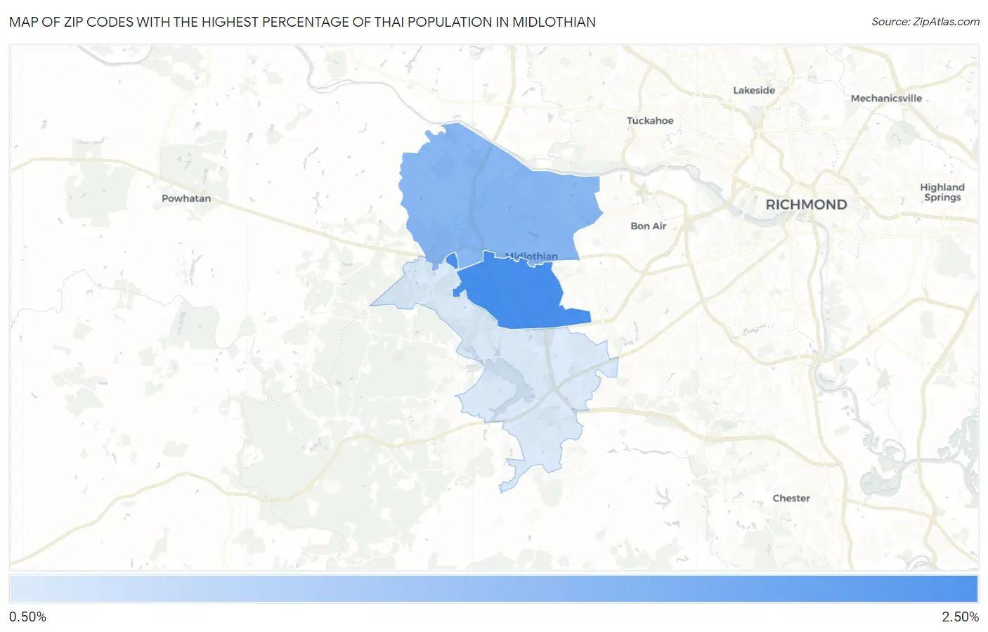 Zip Codes with the Highest Percentage of Thai Population in Midlothian Map