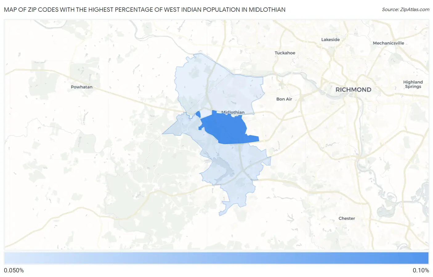 Zip Codes with the Highest Percentage of West Indian Population in Midlothian Map