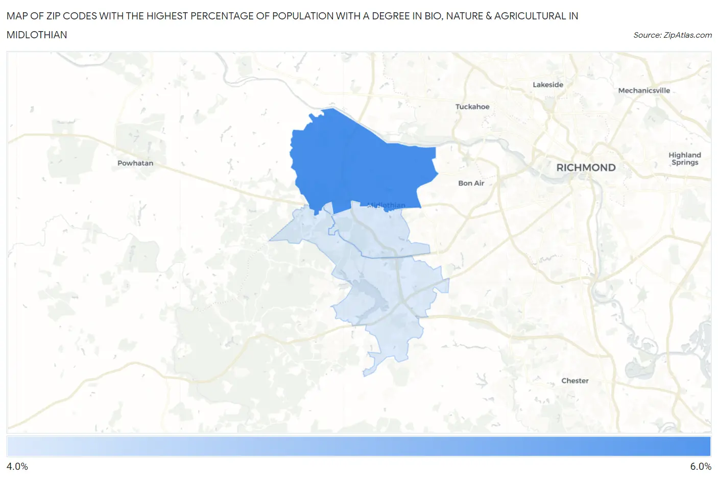Zip Codes with the Highest Percentage of Population with a Degree in Bio, Nature & Agricultural in Midlothian Map