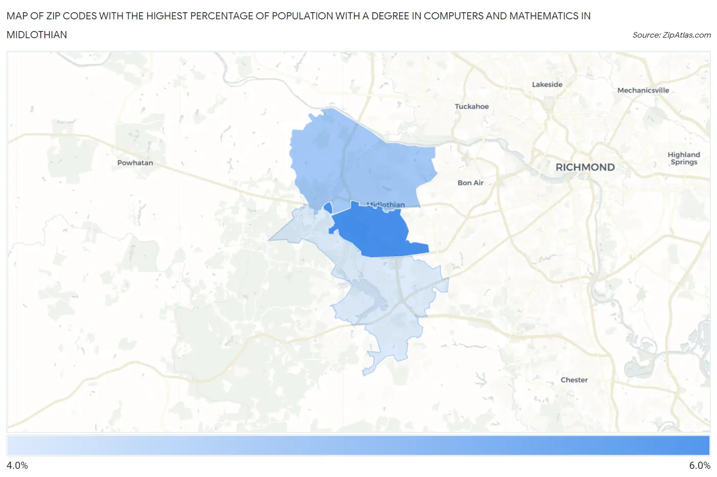 Zip Codes with the Highest Percentage of Population with a Degree in Computers and Mathematics in Midlothian Map