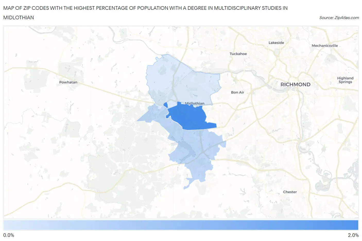 Zip Codes with the Highest Percentage of Population with a Degree in Multidisciplinary Studies in Midlothian Map