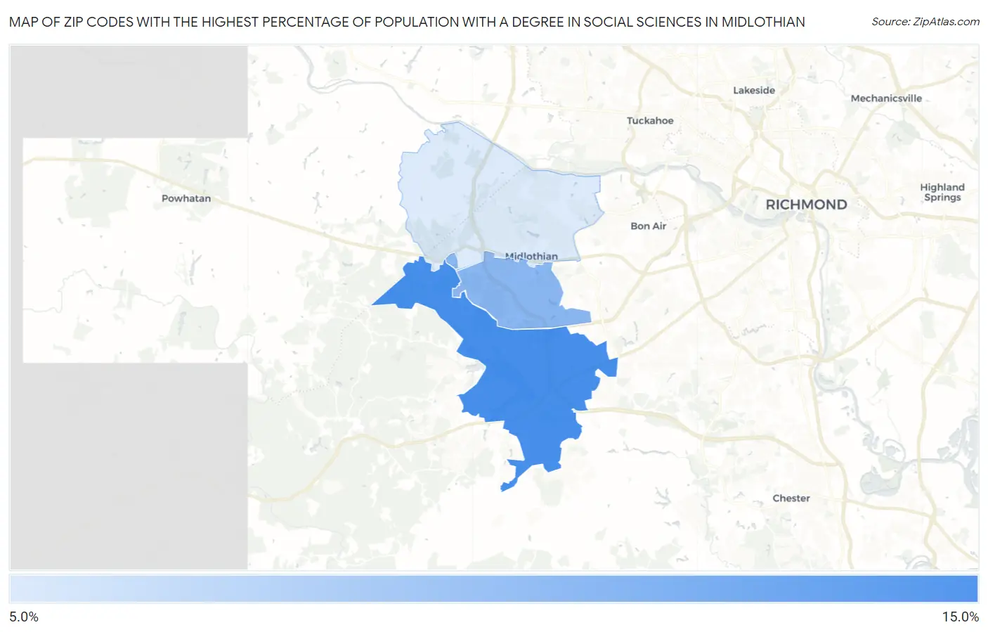Zip Codes with the Highest Percentage of Population with a Degree in Social Sciences in Midlothian Map