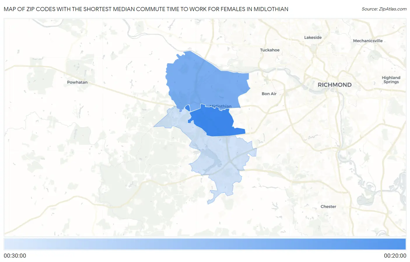 Zip Codes with the Shortest Median Commute Time to Work for Females in Midlothian Map