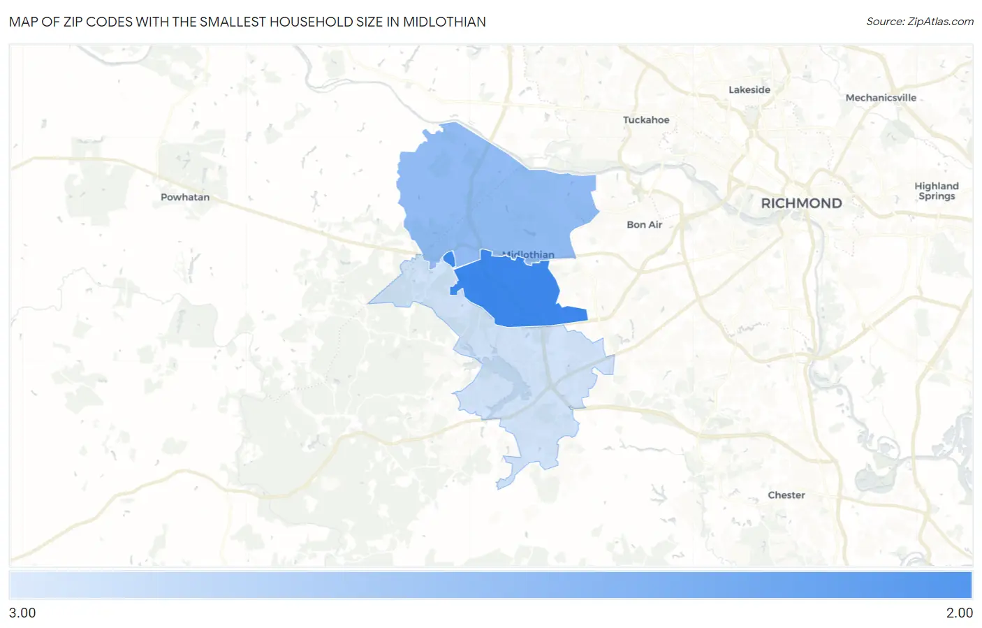 Zip Codes with the Smallest Household Size in Midlothian Map
