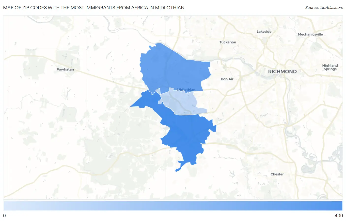 Zip Codes with the Most Immigrants from Africa in Midlothian Map