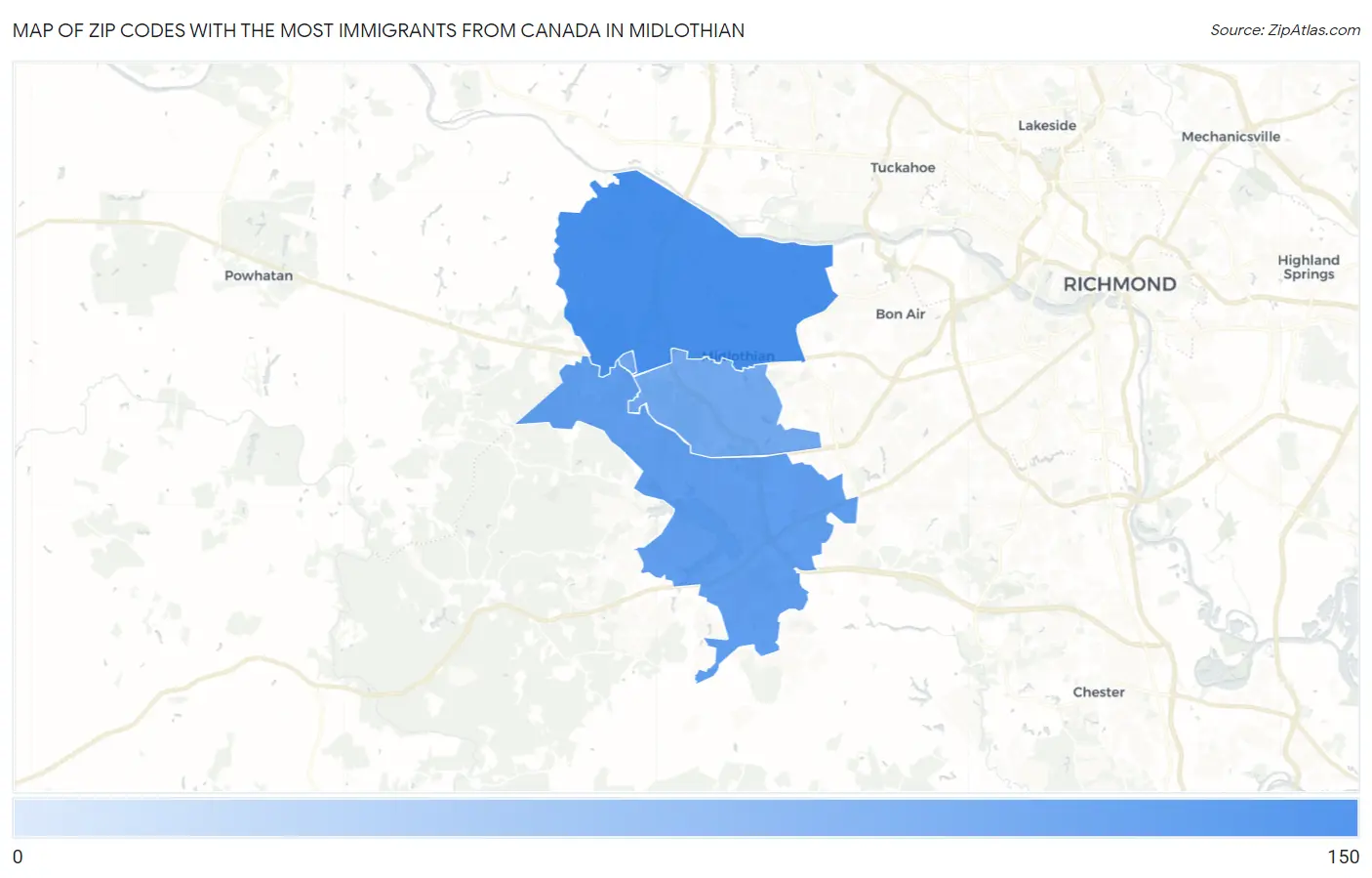 Zip Codes with the Most Immigrants from Canada in Midlothian Map