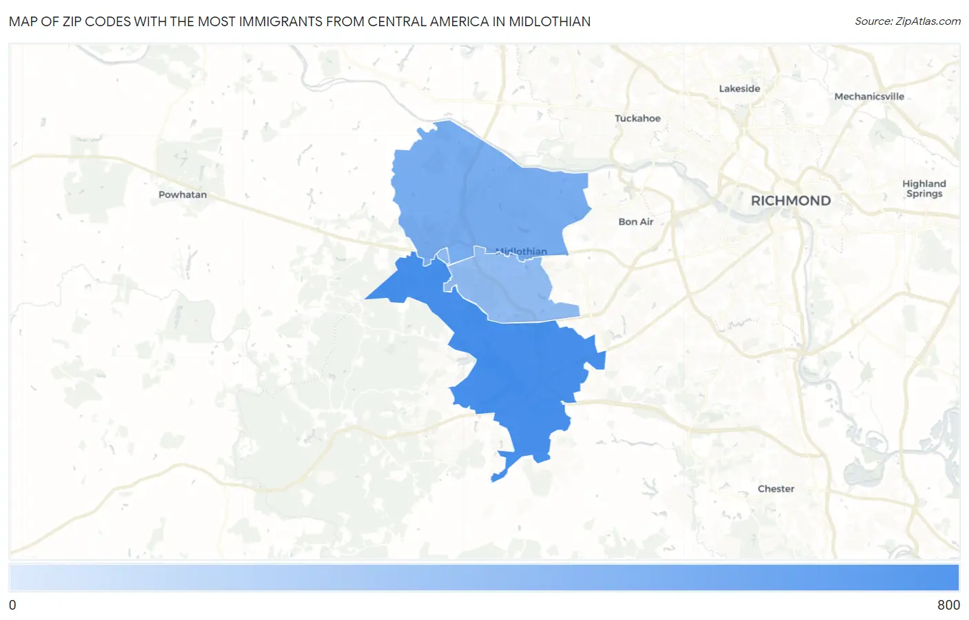 Zip Codes with the Most Immigrants from Central America in Midlothian Map