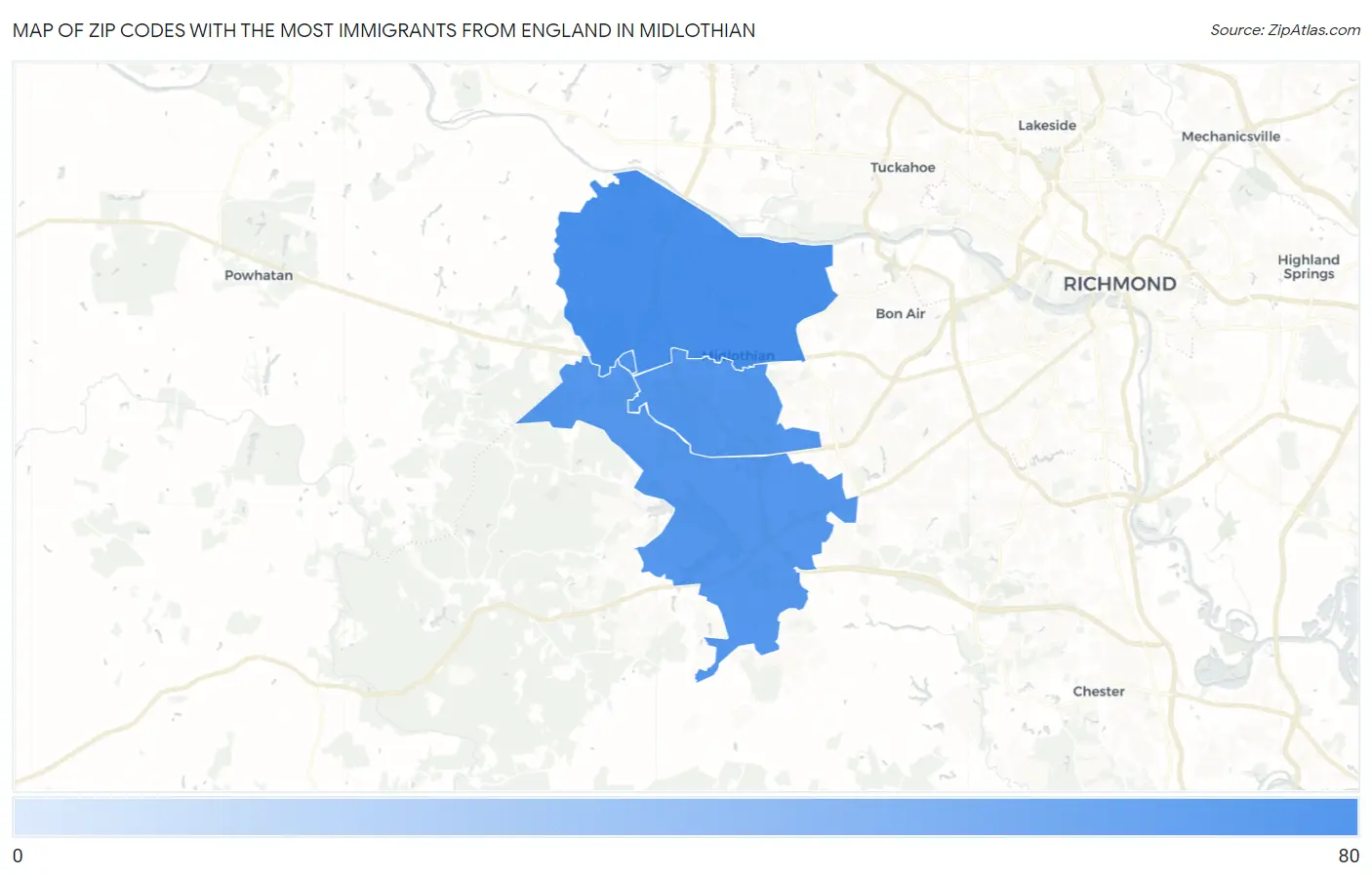 Zip Codes with the Most Immigrants from England in Midlothian Map