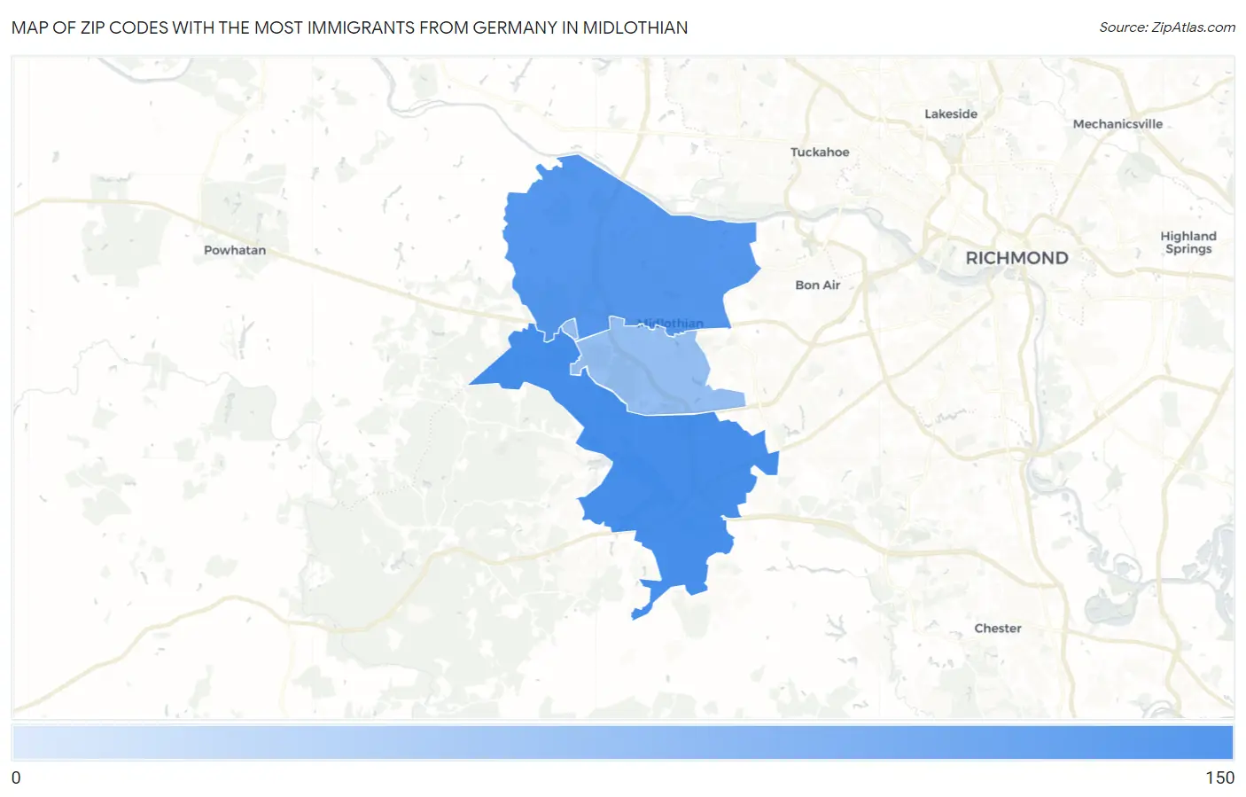 Zip Codes with the Most Immigrants from Germany in Midlothian Map