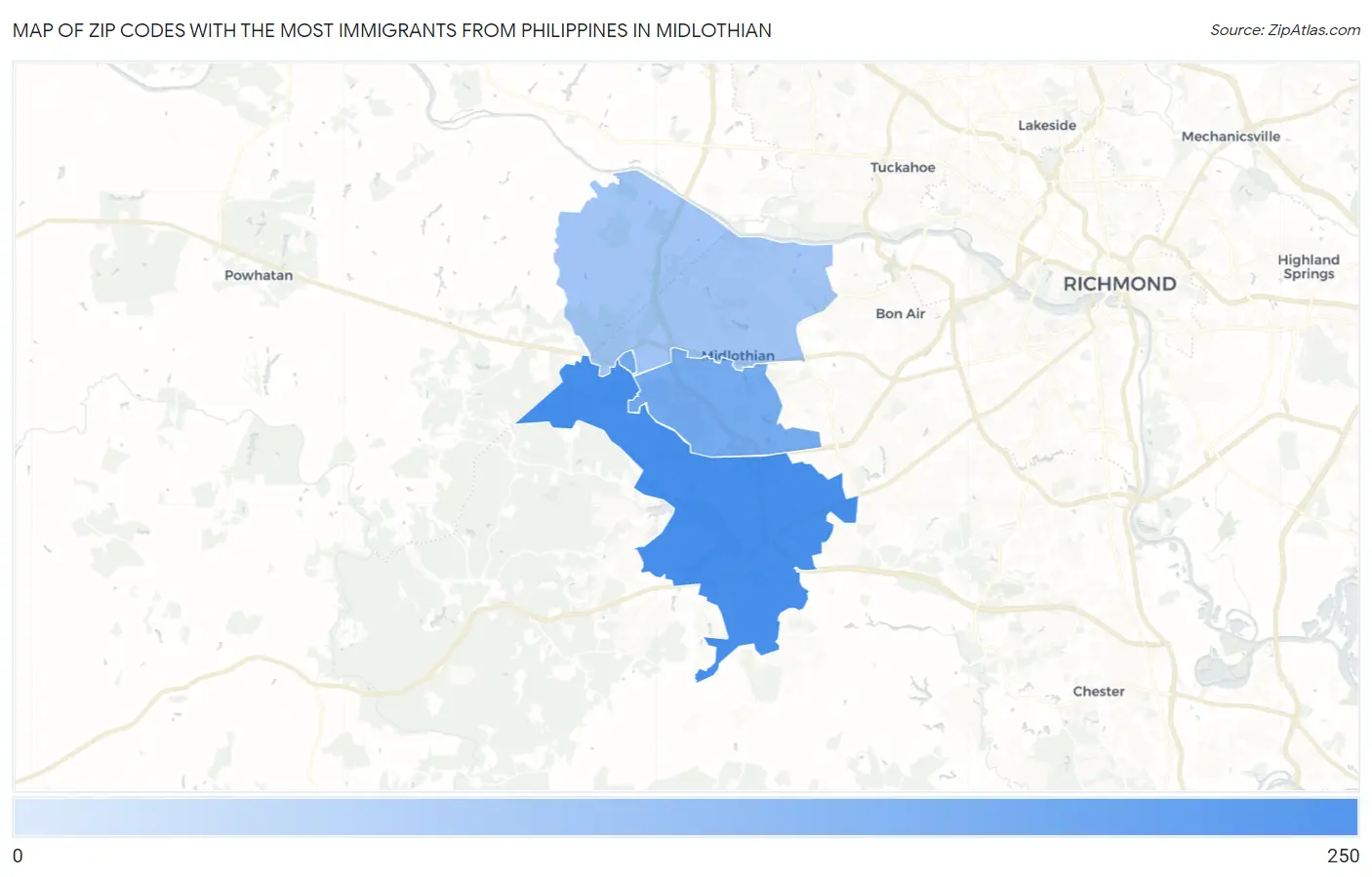 Zip Codes with the Most Immigrants from Philippines in Midlothian Map