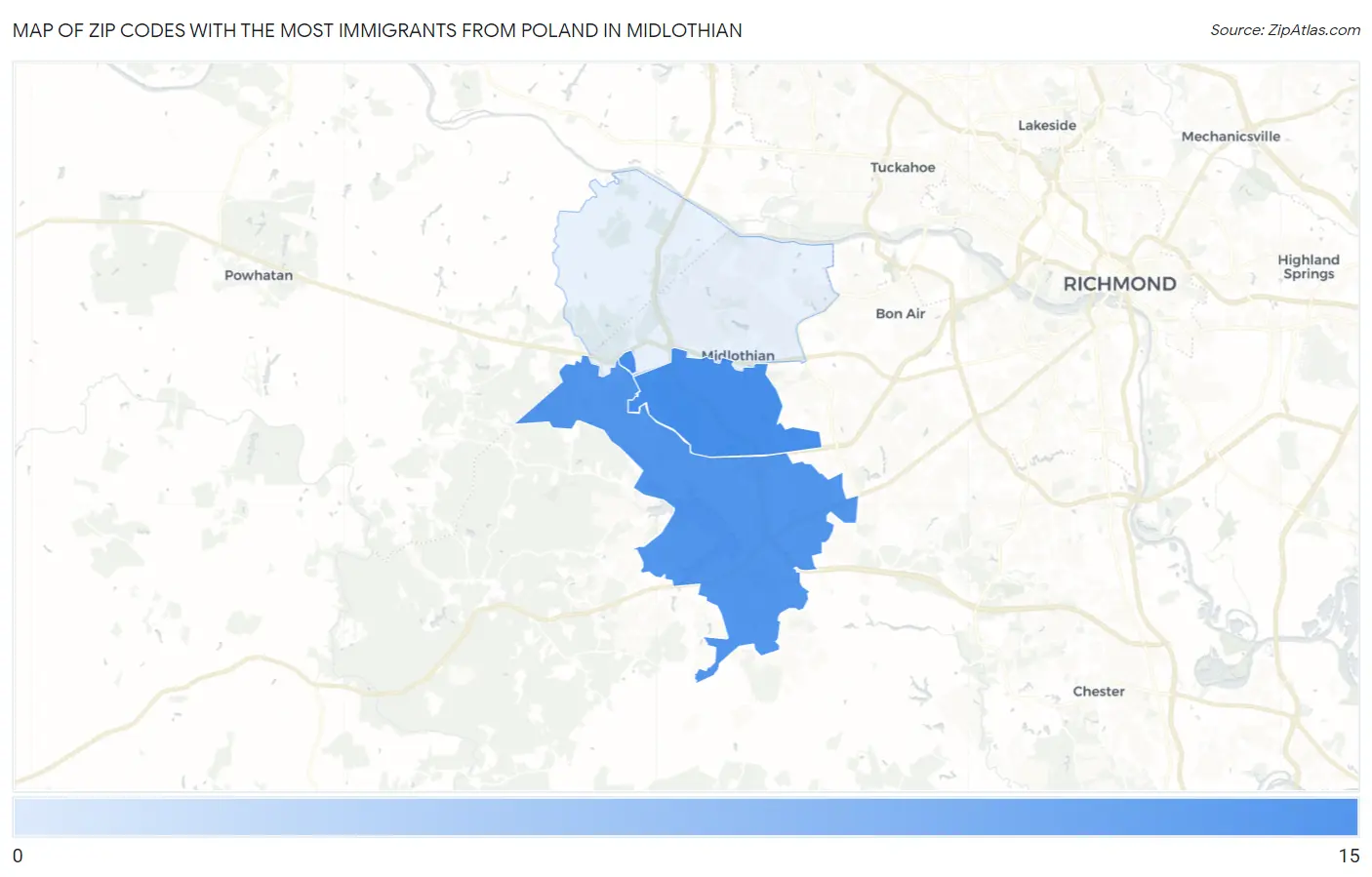 Zip Codes with the Most Immigrants from Poland in Midlothian Map