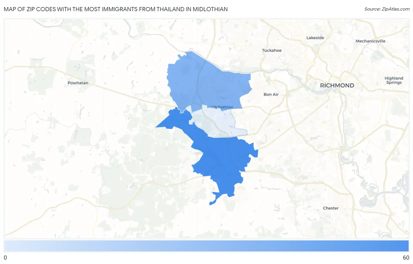 Zip Codes with the Most Immigrants from Thailand in Midlothian Map