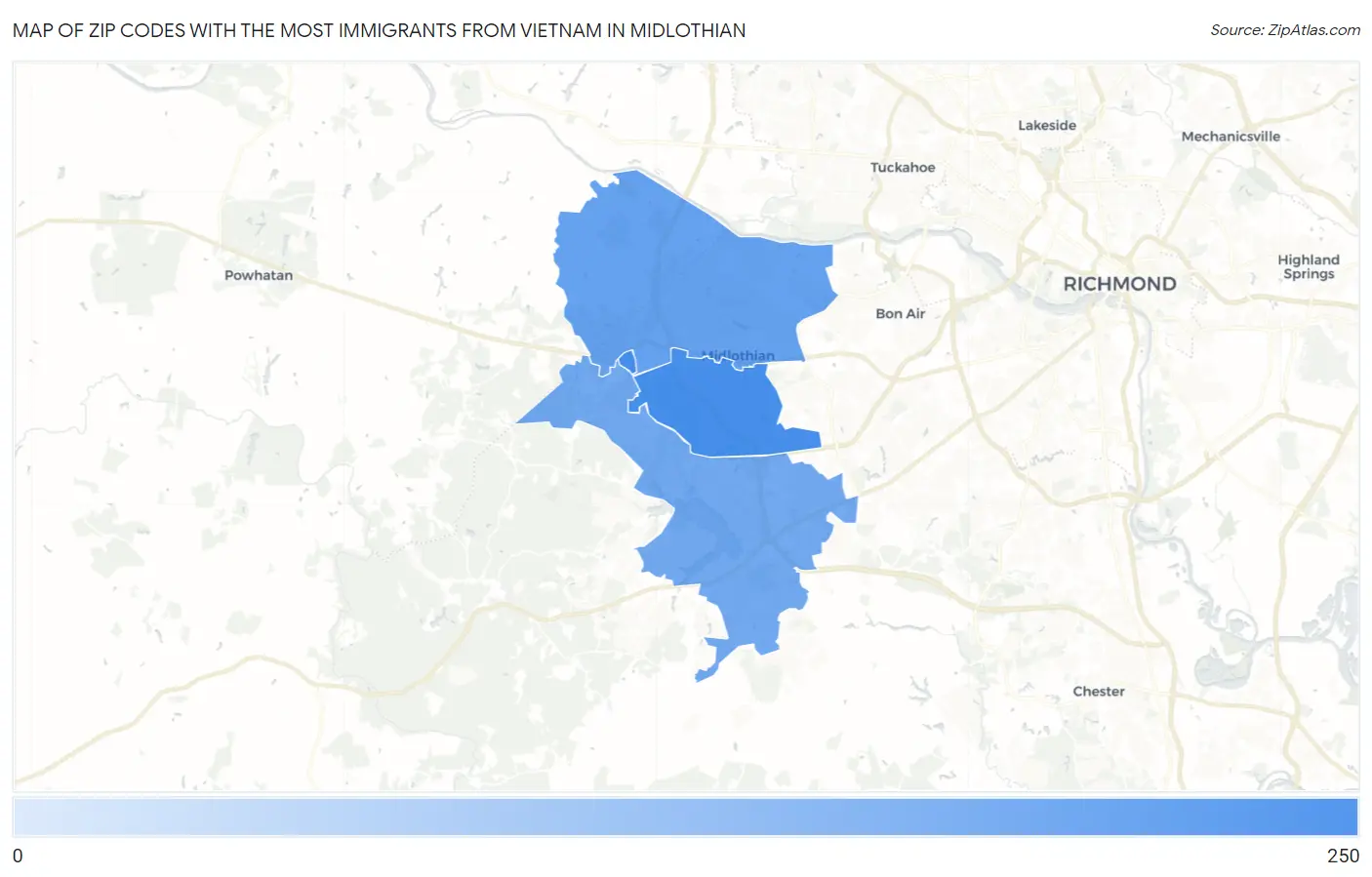 Zip Codes with the Most Immigrants from Vietnam in Midlothian Map
