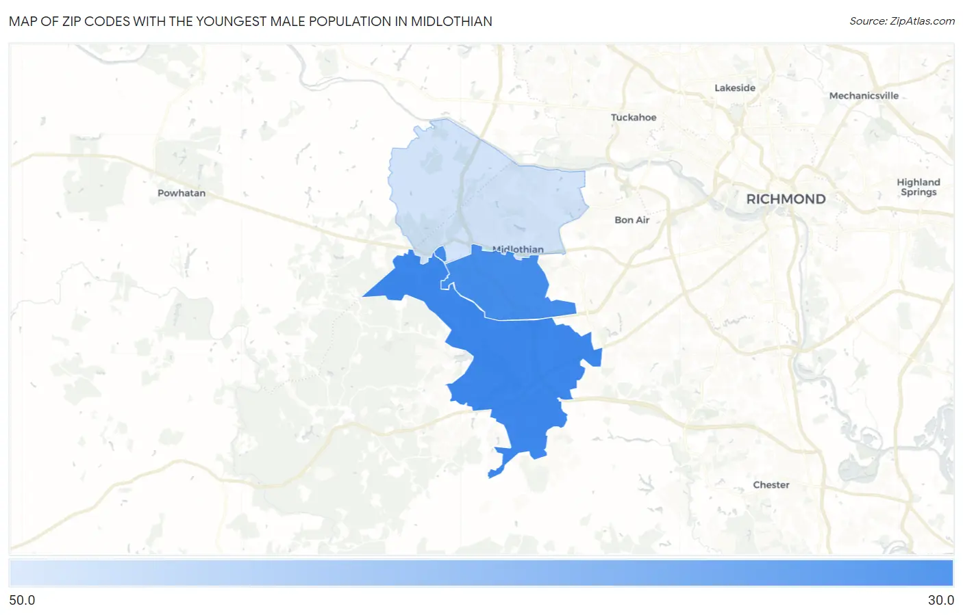 Zip Codes with the Youngest Male Population in Midlothian Map