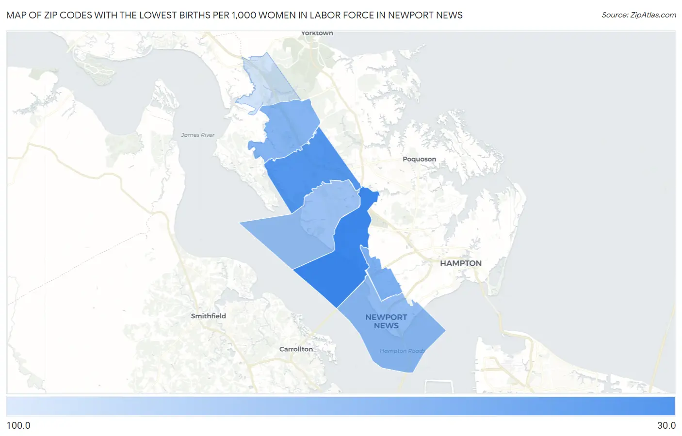 Zip Codes with the Lowest Births per 1,000 Women in Labor Force in Newport News Map