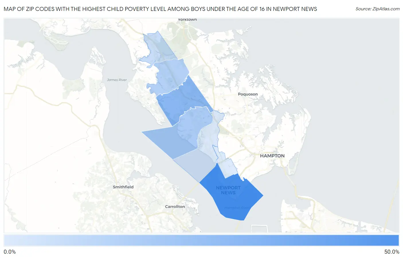 Zip Codes with the Highest Child Poverty Level Among Boys Under the Age of 16 in Newport News Map