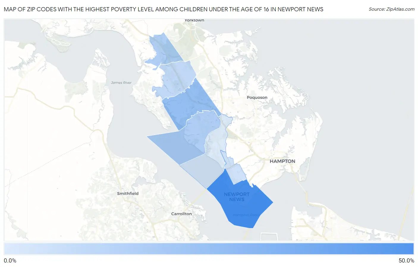 Zip Codes with the Highest Poverty Level Among Children Under the Age of 16 in Newport News Map