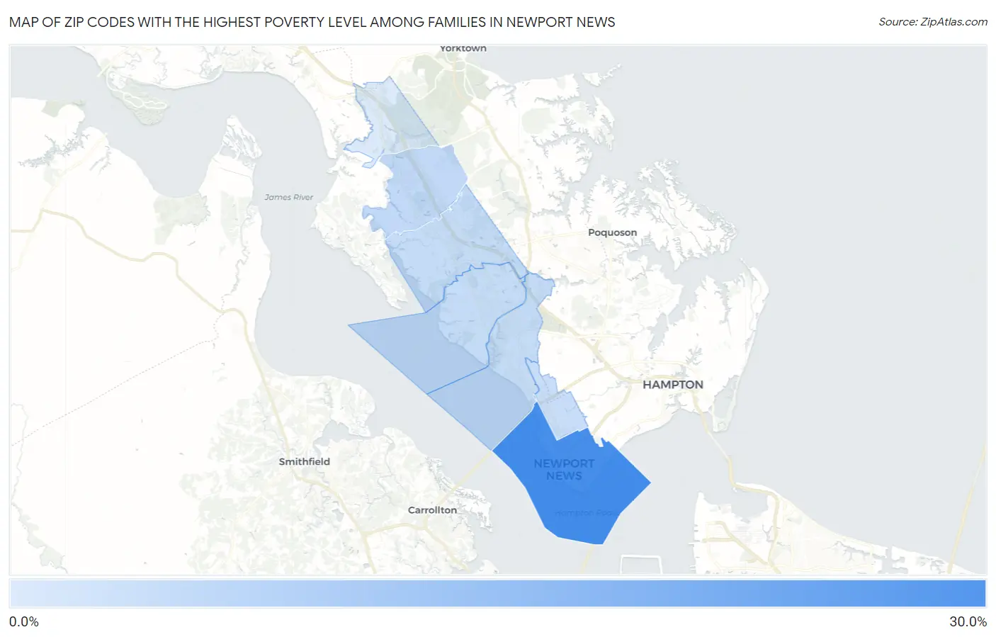 Zip Codes with the Highest Poverty Level Among Families in Newport News Map