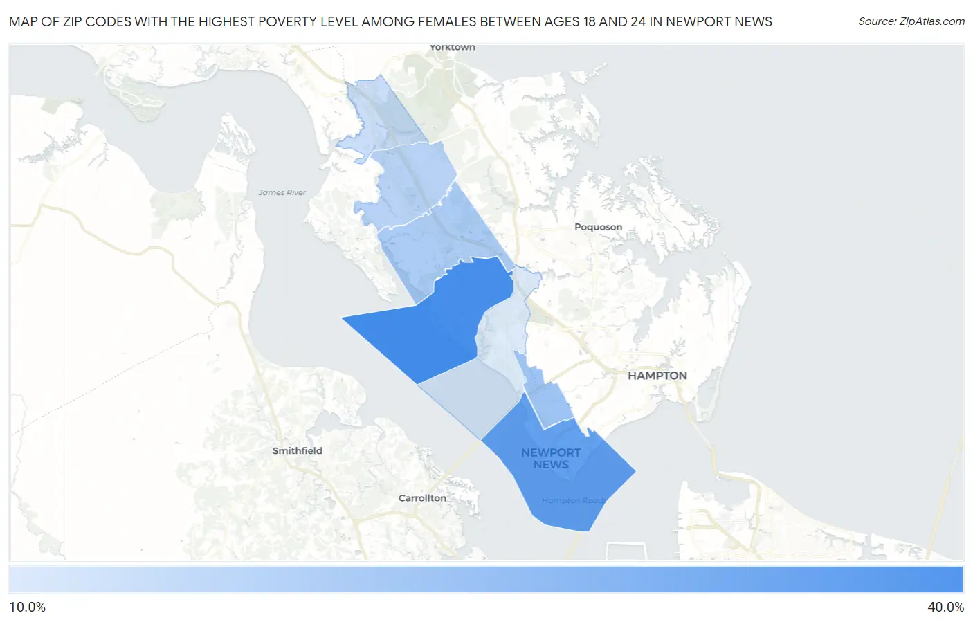 Zip Codes with the Highest Poverty Level Among Females Between Ages 18 and 24 in Newport News Map