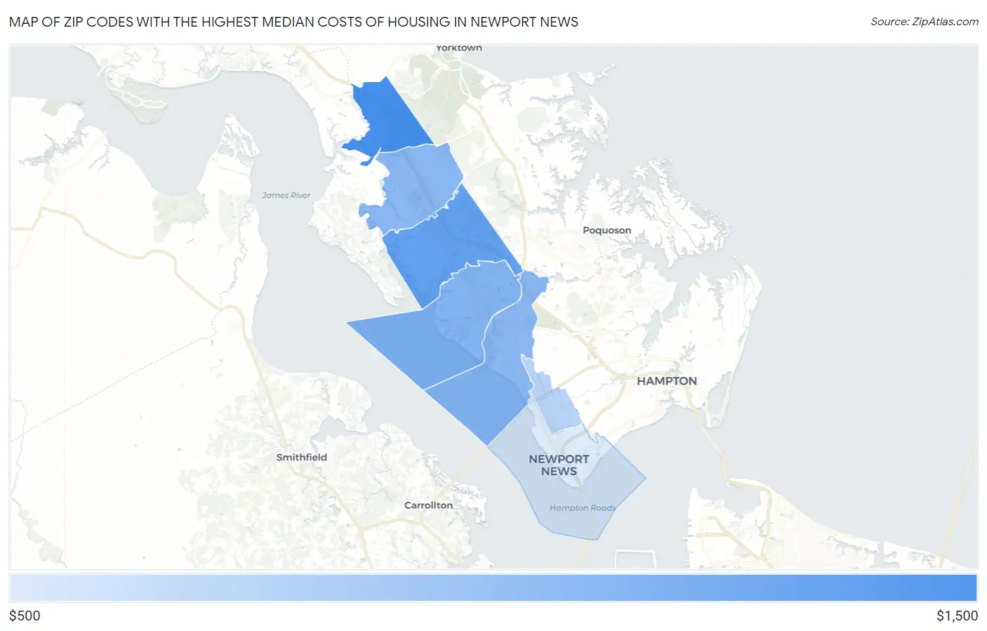 Zip Codes with the Highest Median Costs of Housing in Newport News Map