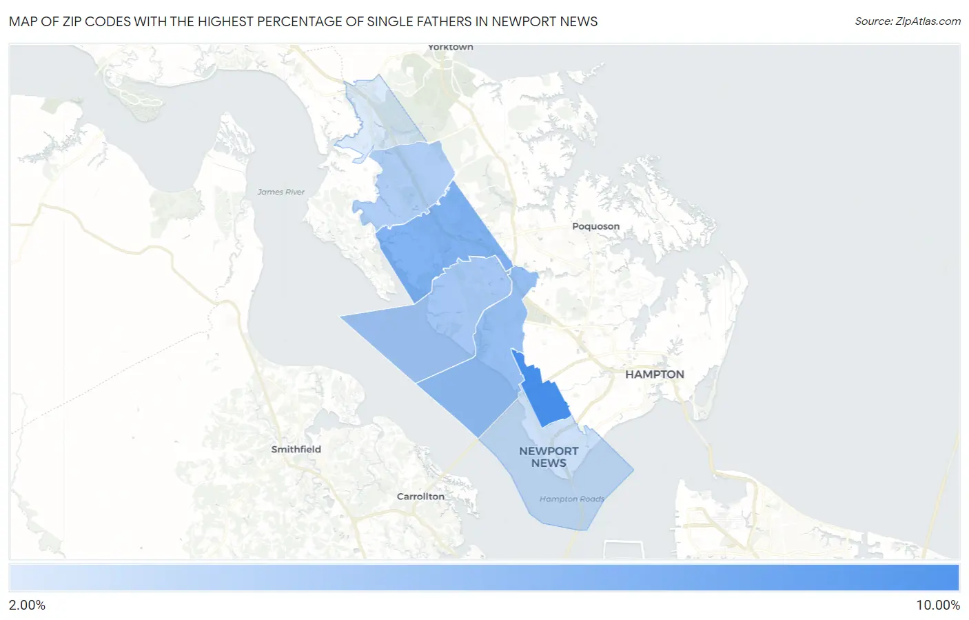 Zip Codes with the Highest Percentage of Single Fathers in Newport News Map