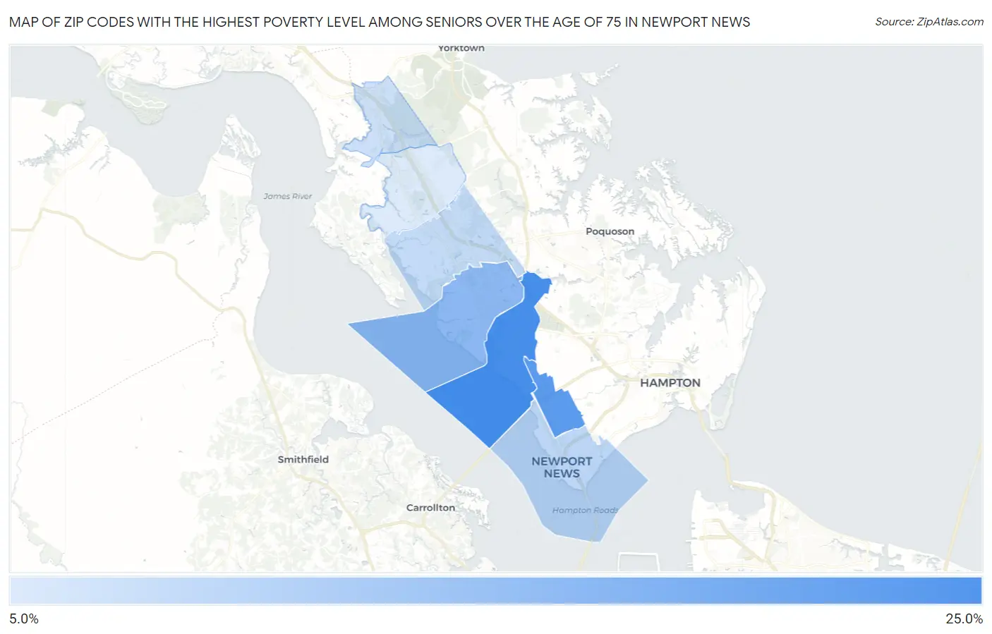 Zip Codes with the Highest Poverty Level Among Seniors Over the Age of 75 in Newport News Map