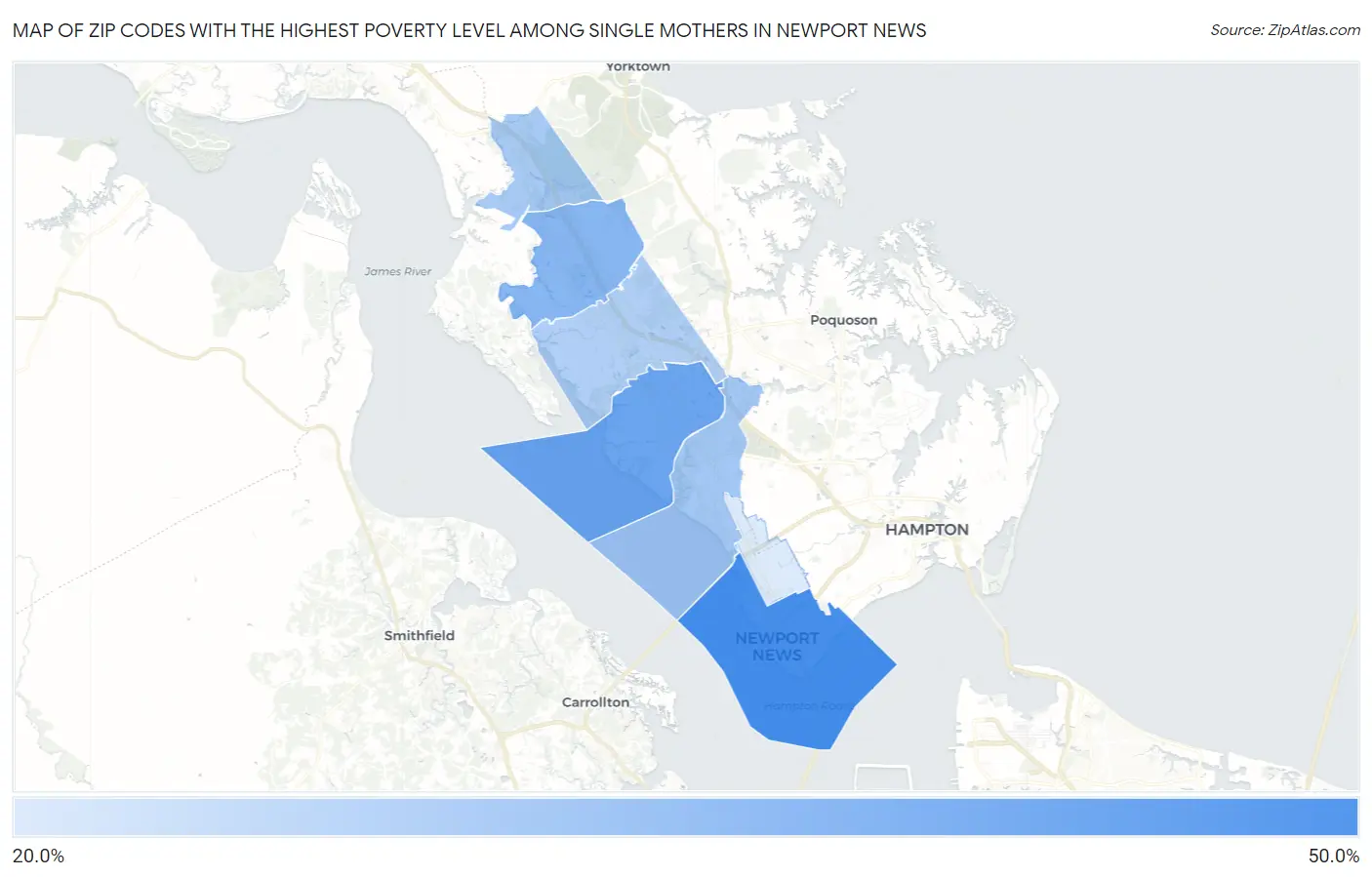 Zip Codes with the Highest Poverty Level Among Single Mothers in Newport News Map