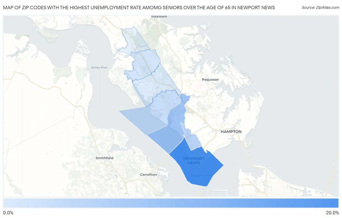 Zip Codes with the Highest Unemployment Rate Amomg Seniors Over the Age of 65 in Newport News Map