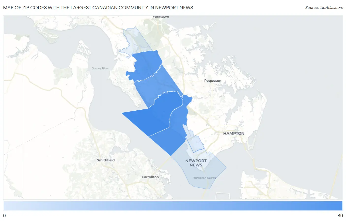 Zip Codes with the Largest Canadian Community in Newport News Map