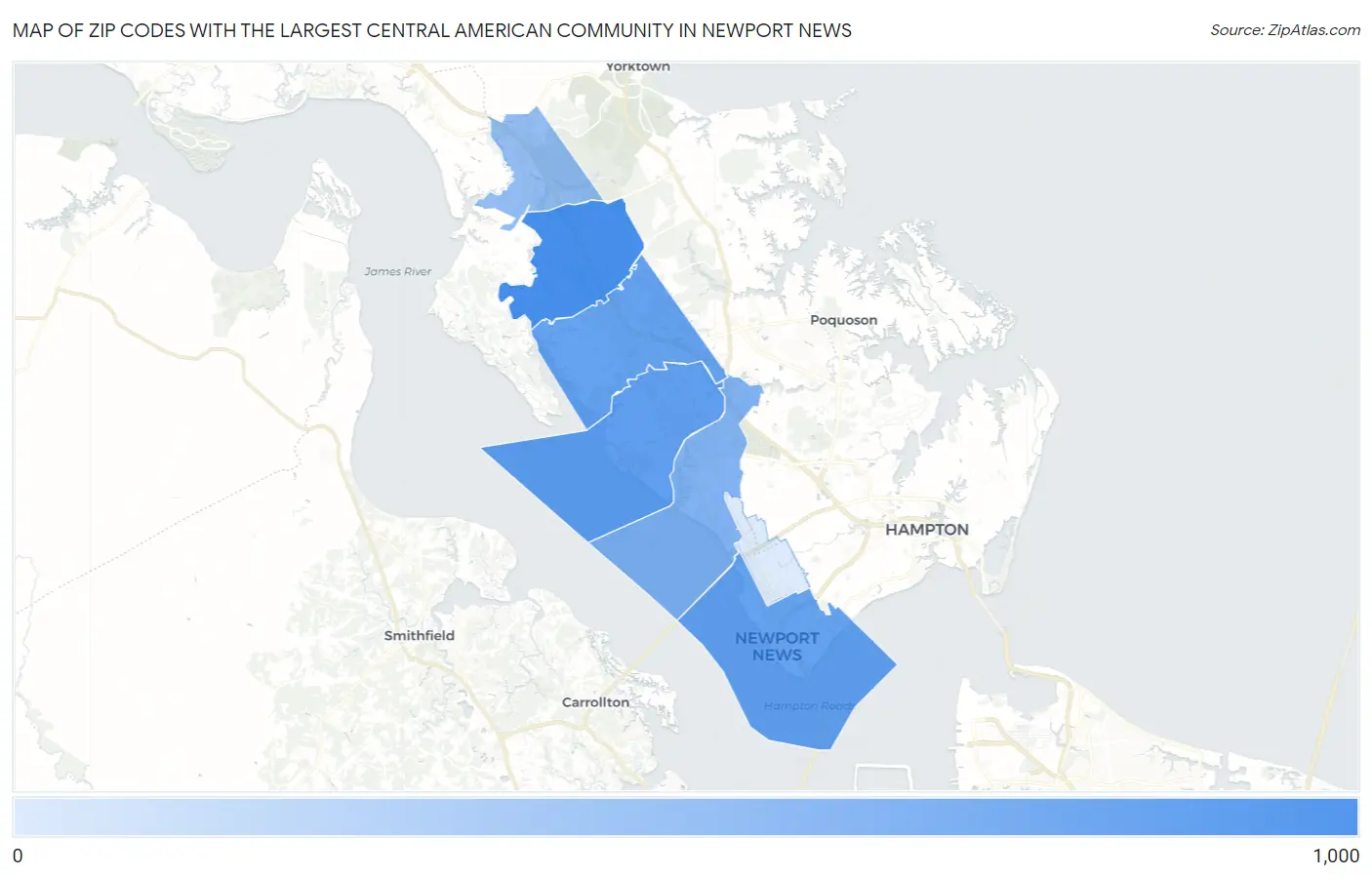 Zip Codes with the Largest Central American Community in Newport News Map