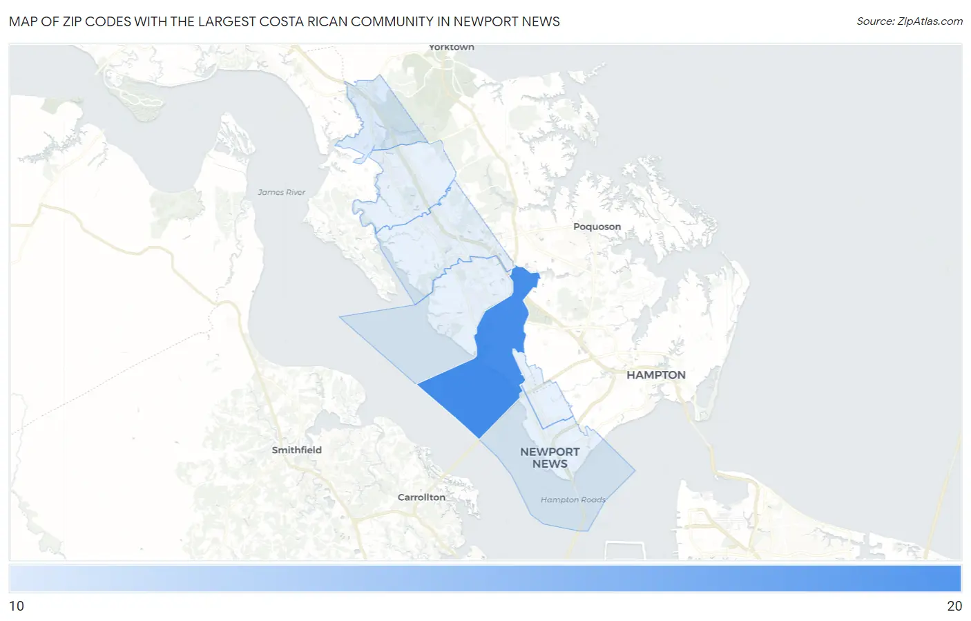 Zip Codes with the Largest Costa Rican Community in Newport News Map
