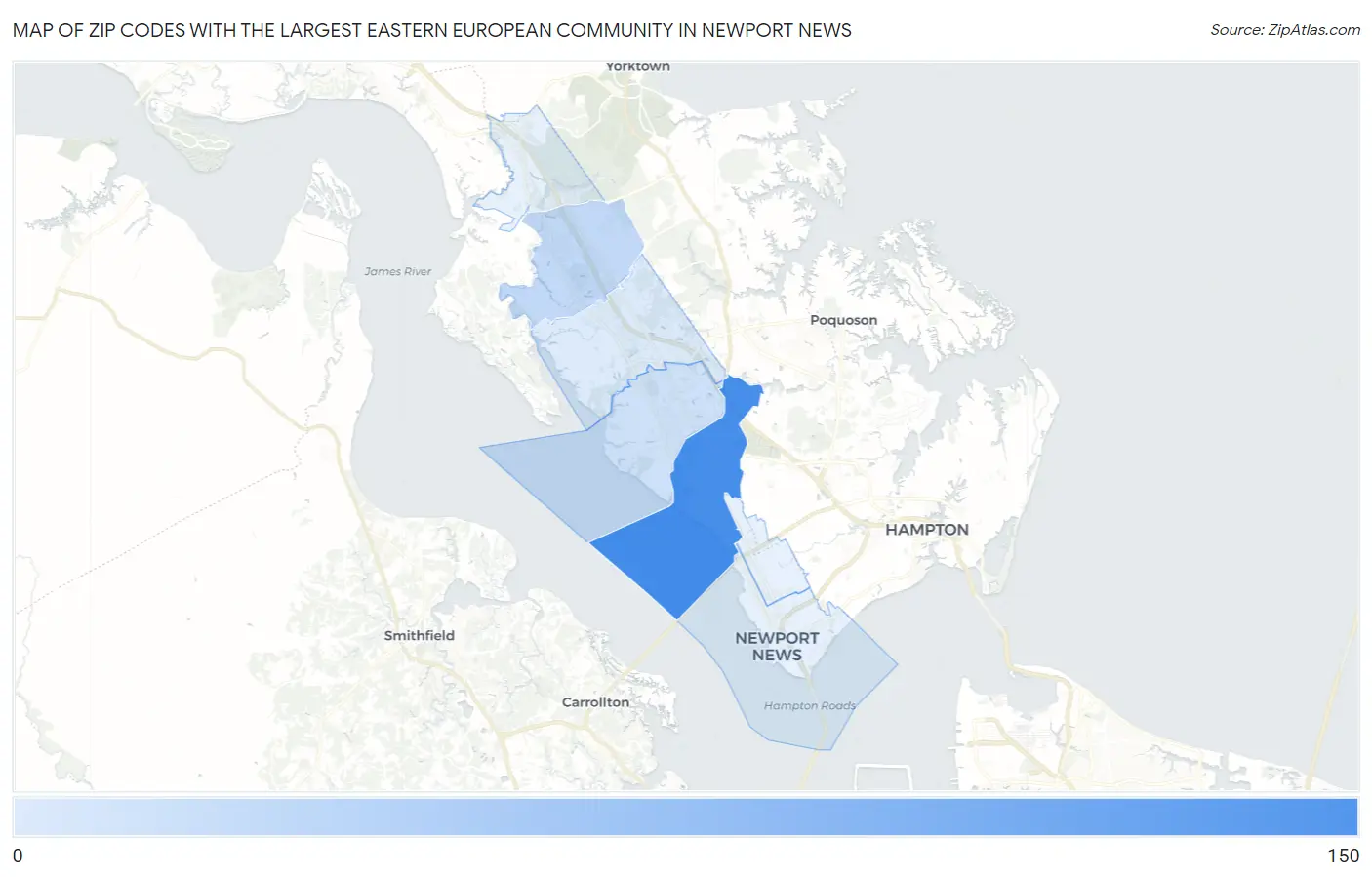 Zip Codes with the Largest Eastern European Community in Newport News Map