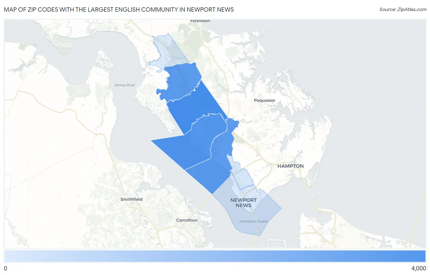 Zip Codes with the Largest English Community in Newport News Map