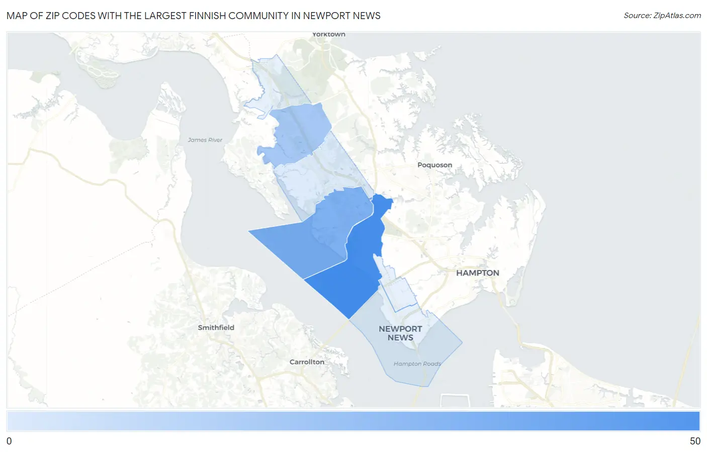 Zip Codes with the Largest Finnish Community in Newport News Map