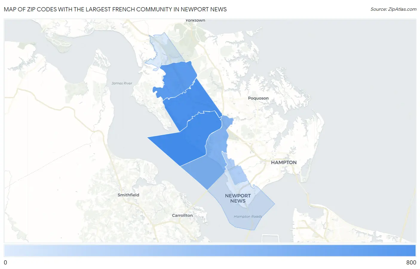 Zip Codes with the Largest French Community in Newport News Map