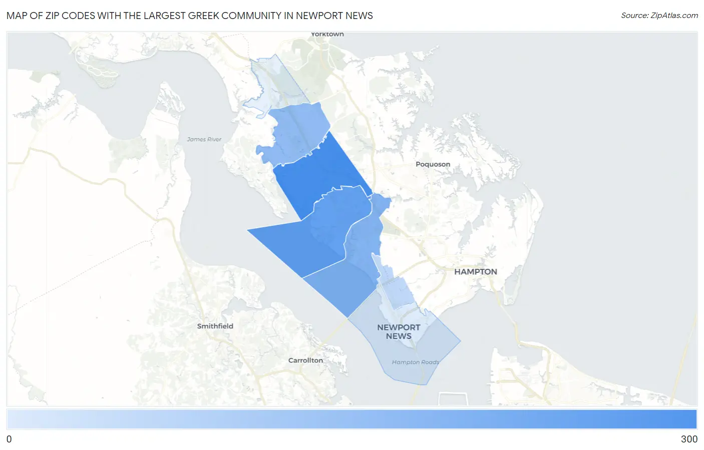 Zip Codes with the Largest Greek Community in Newport News Map