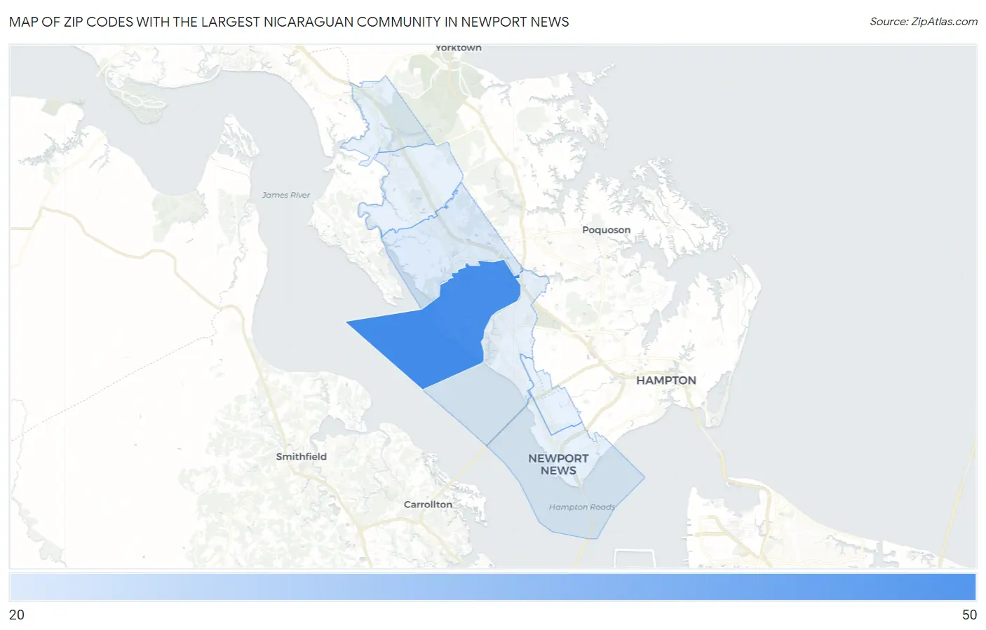 Zip Codes with the Largest Nicaraguan Community in Newport News Map