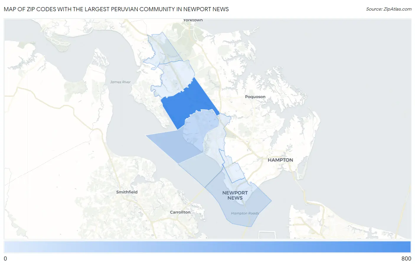 Zip Codes with the Largest Peruvian Community in Newport News Map