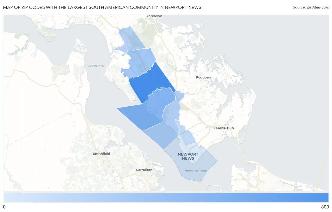 Zip Codes with the Largest South American Community in Newport News Map