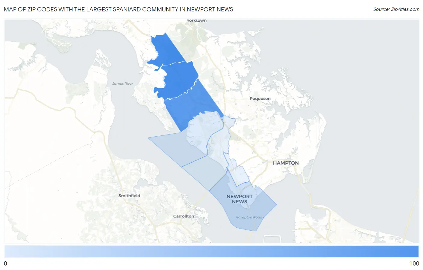 Zip Codes with the Largest Spaniard Community in Newport News Map