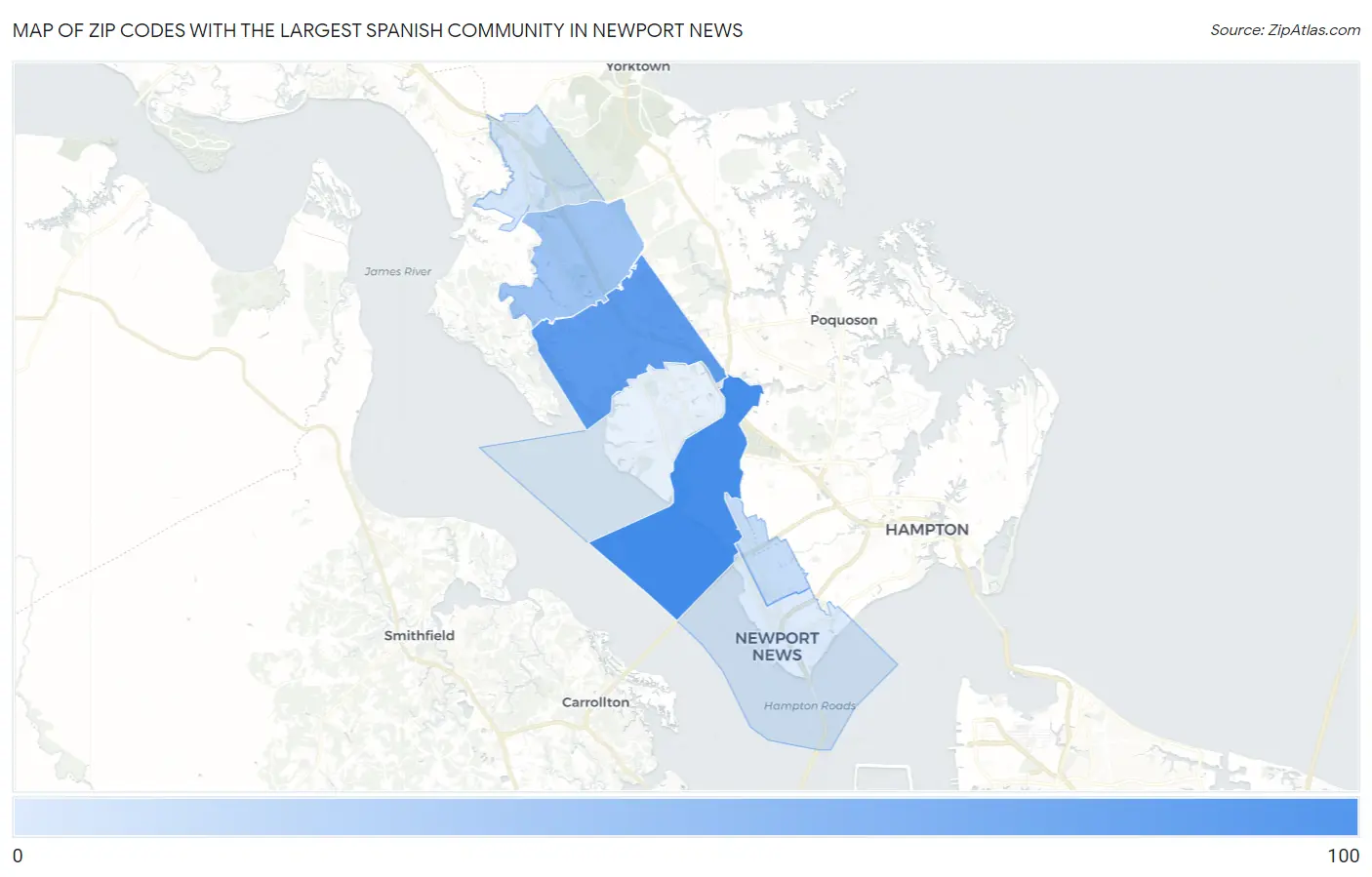Zip Codes with the Largest Spanish Community in Newport News Map